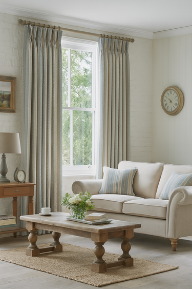 Living room with beige sofa, wooden coffee table, and large window with curtains.